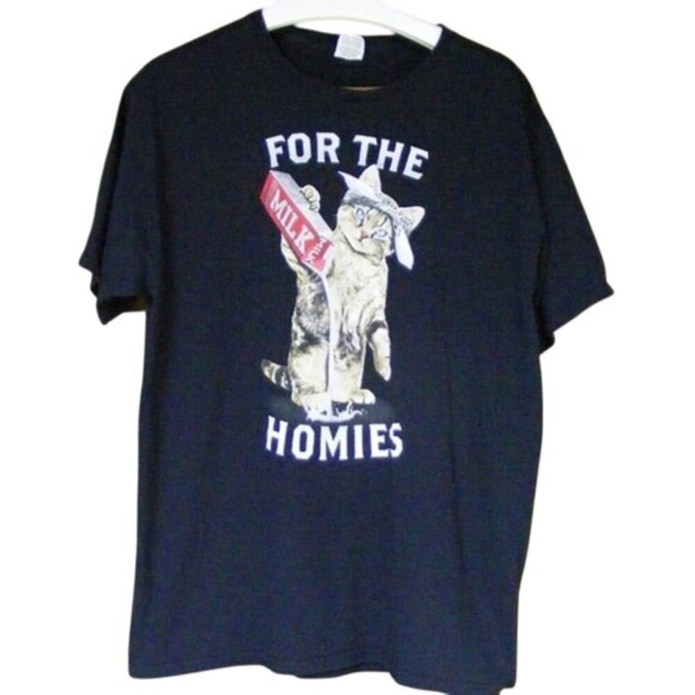 FOR THE HOMIES Tshirt, L, Bandana, cat, Spilt milk, Black, Short sleeves, Cotton